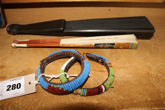 Victorian paper fan, another and tribal 2 bead bangles(-)